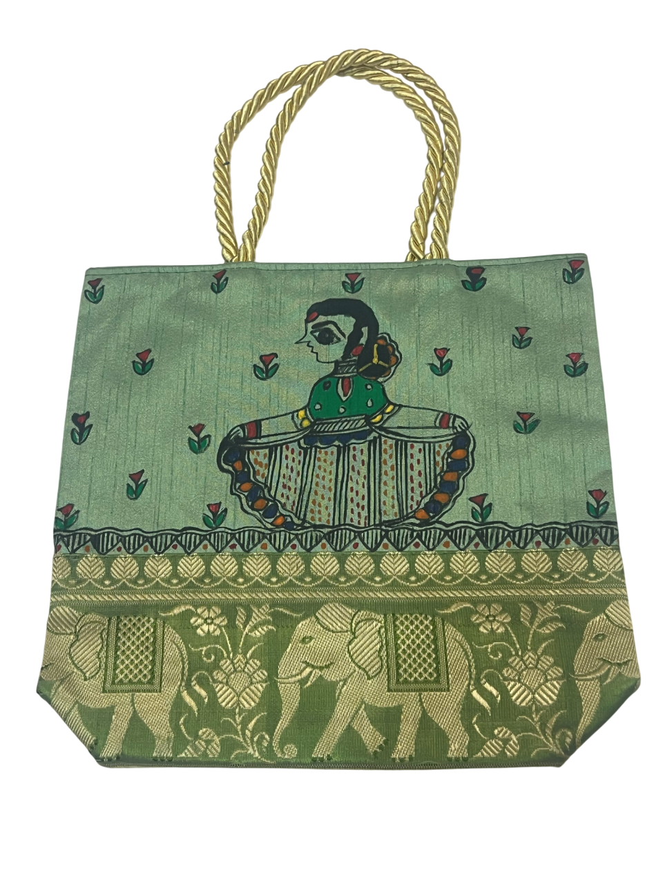 Handpainted Madhubani Bag – Green with Brocade Border, a Dancing girl